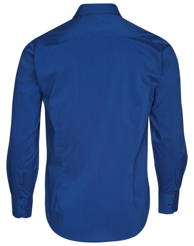 A blue men's long sleeve button-up shirt featuring a back view and a logo on the back collar.