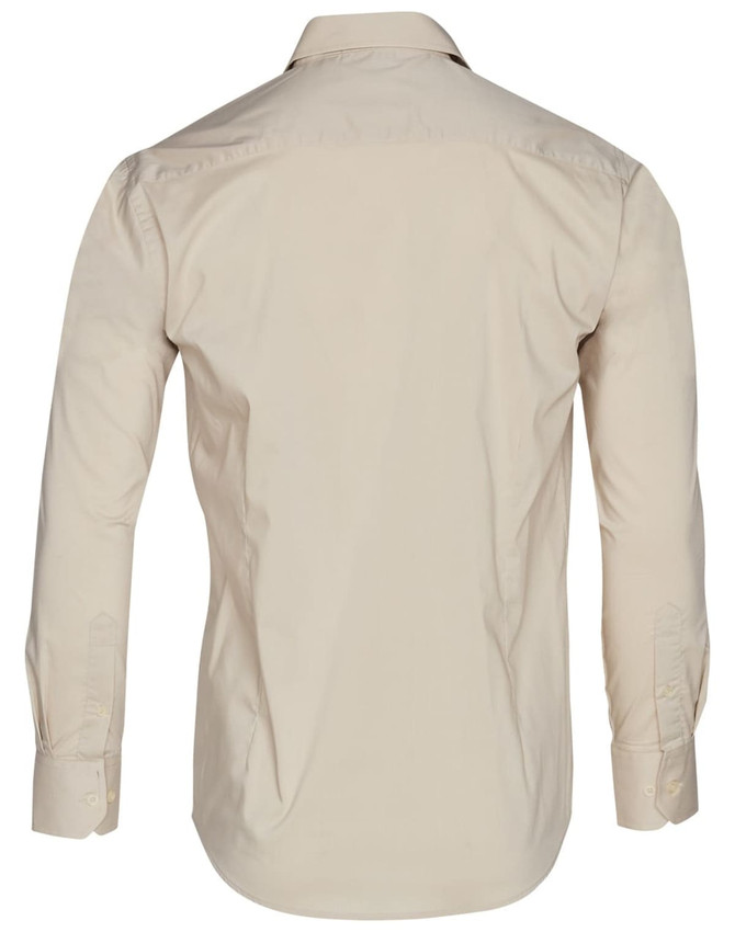 A beige long sleeve button-up shirt with a classic collar and cuffs, featuring a logo on the back.