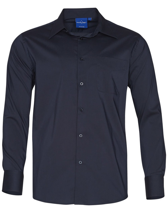 A black long sleeve button-up shirt with a single chest pocket and a logo on the collar.