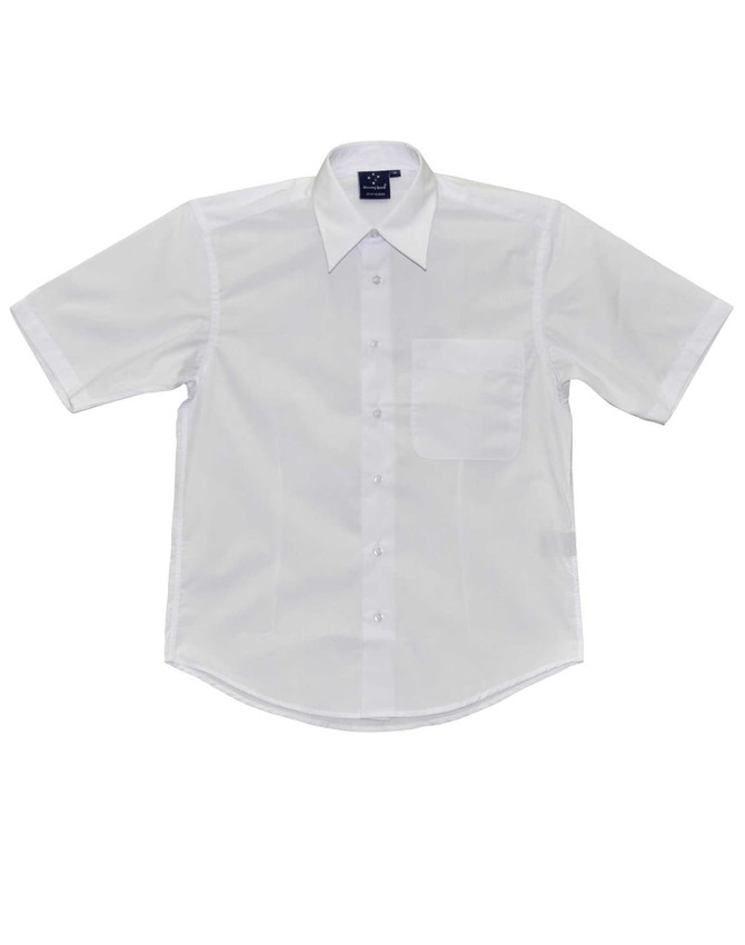 A white short sleeve button-up shirt with a chest pocket and a collar. It features a logo on the tag.