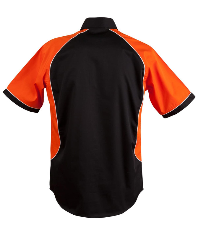 A black and orange button-up shirt featuring contrast stitching and a logo on the back. Short sleeves and a collar.