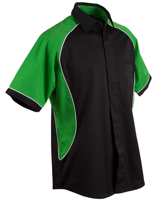 A black button-up shirt with green contrast panels and white piping. It has a pocket on the front and features a logo.