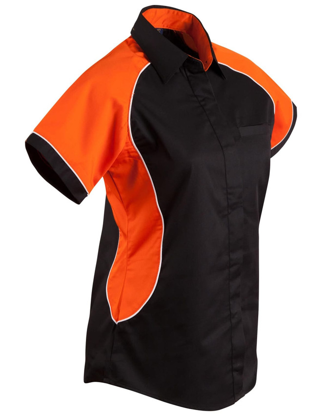 A black and orange women's button-up shirt featuring tri-colour contrast styling and a logo.