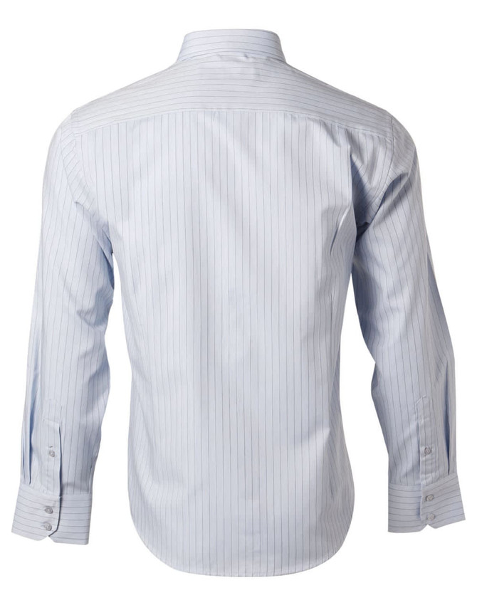 A long-sleeve, button-up shirt in light blue with vertical stripes and a collar, featuring a logo on the back.