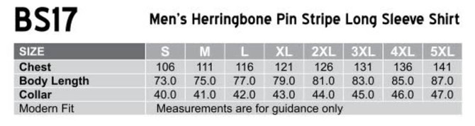 A table displaying sizing information for a Men's Herringbone Pin Stripe Long Sleeve Shirt in various sizes.