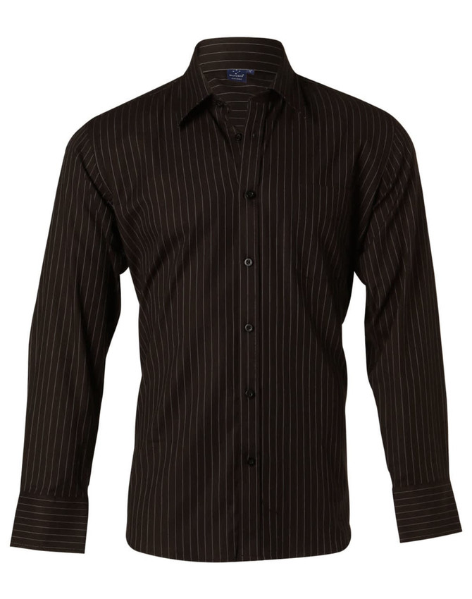 A black long sleeve button-up shirt featuring fine stripes and a collar, with a branding logo on the inside.