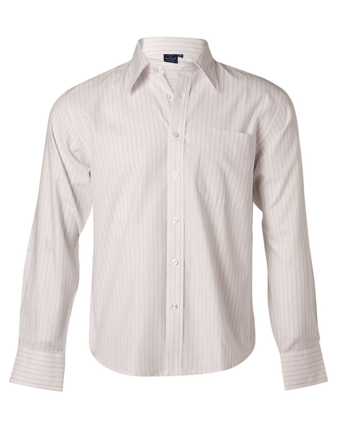 A long sleeve, button-up shirt in white with subtle vertical stripes and a pocket on the front.