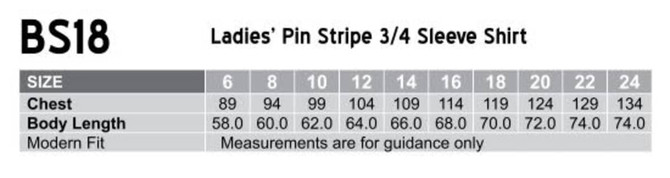 A table displaying size measurements for a Ladies' Pin Stripe 3/4 Sleeve Shirt, including chest and body length dimensions.