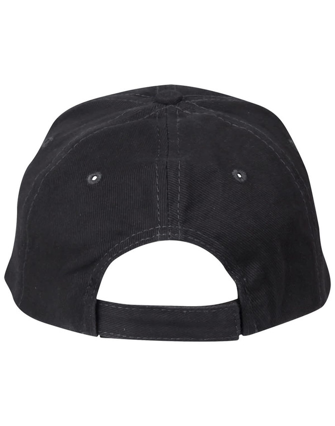 A black heavy brushed cotton cap with a curved brim and an adjustable strap at the back.