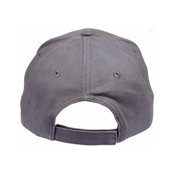 A grey heavy brushed cotton cap featuring an adjustable strap and a logo on the back.