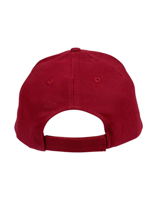 A red heavy brushed cotton cap featuring an adjustable back strap and a logo on the side.