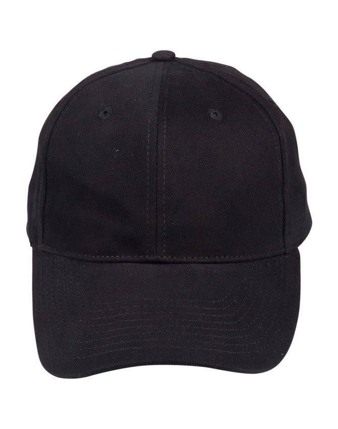 A black heavy brushed cotton cap featuring a curved brim and an adjustable strap at the back. Includes a logo.