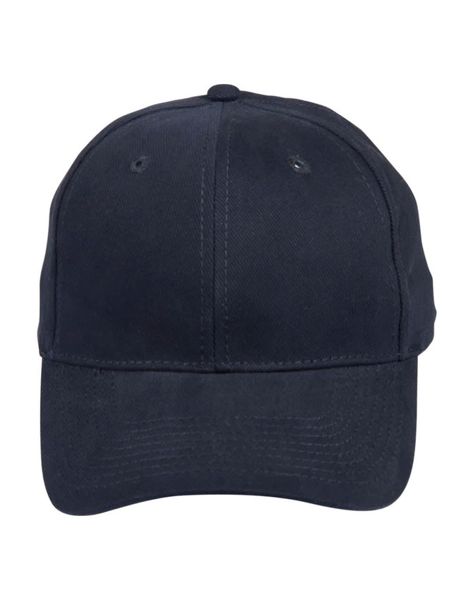 A heavy brushed cotton cap in navy blue with a logo on the front and ventilation holes on the crown.