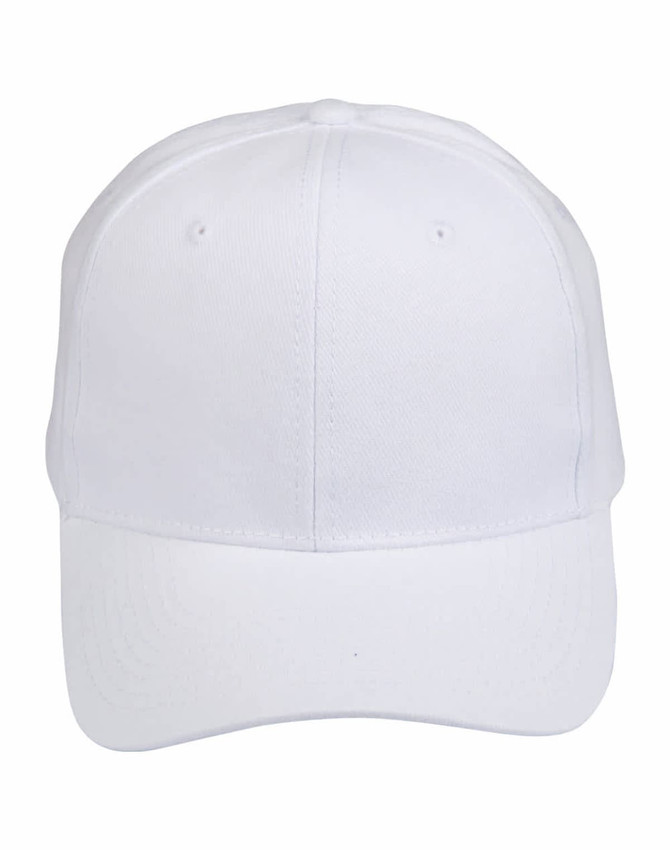 A white heavy brushed cotton cap with a structured design and a curved brim. It features a logo on the front.