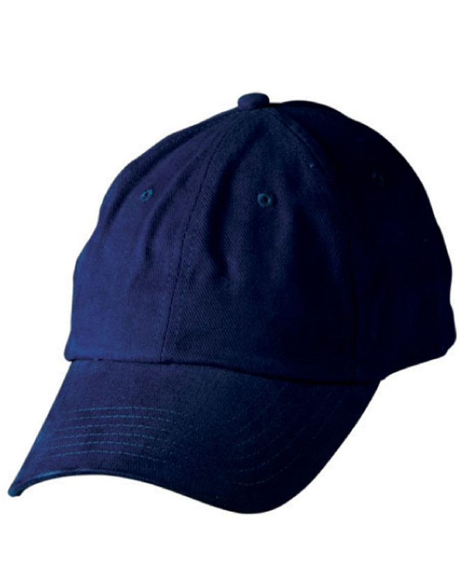A navy unstructured cap featuring a curved brim and eyelets for ventilation. It includes a logo.