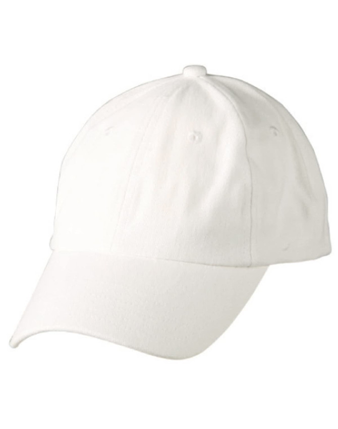 A white unstructured cap with a curved brim and a loop feature on top. It includes a logo.