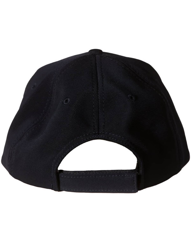 A black cap featuring a rear adjustable strap and ventilation holes. It has a branding logo.