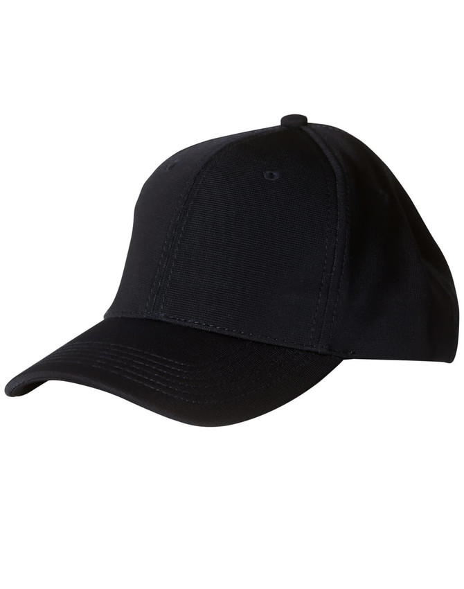 A black Ottoman cap with a rounded crown and a curved brim, featuring a logo on the front.