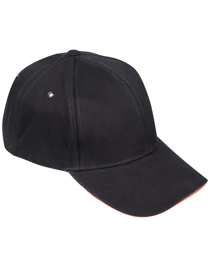 A black cap with a curved brim and a small logo tag. Features include metal eyelets for ventilation.