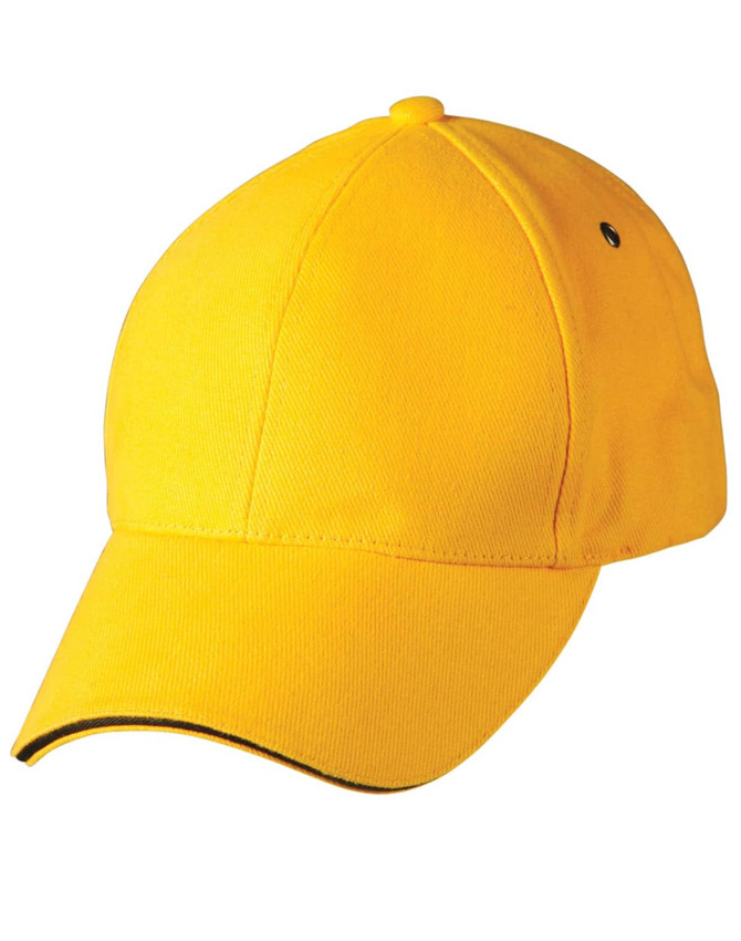 A yellow Sandwich Peak Cap featuring a simple design and a logo. It has a curved brim and vent holes.