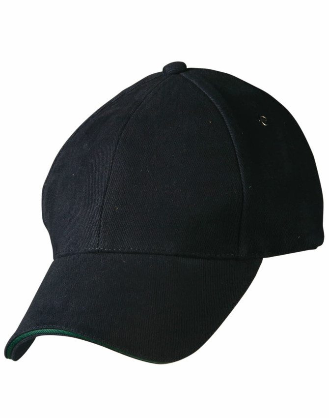 A black cap with a curved brim and green detailing, featuring a logo on the side.