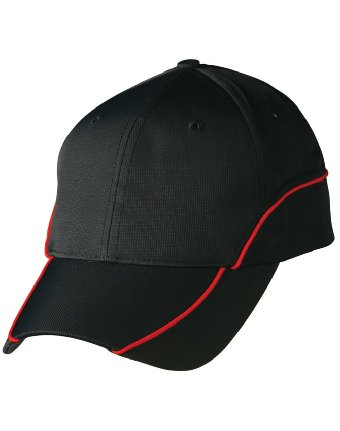 A black cap with red contrast lining, featuring a structured front and ventilation holes. Includes a logo.