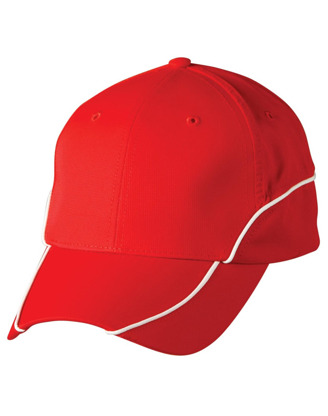 A red cap featuring contrast lining, with a classic design and a logo on the side.