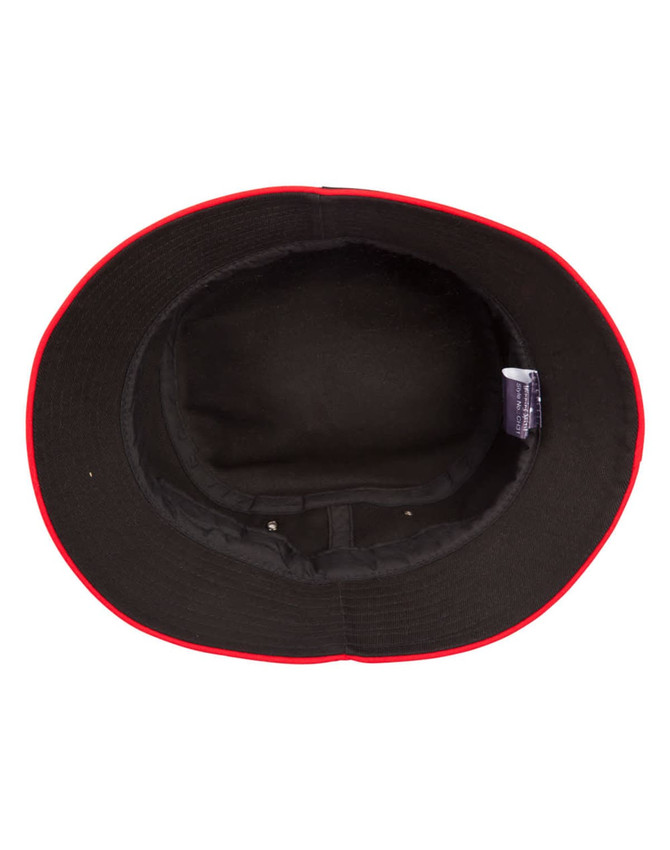 A black bucket hat with a red contrast trim, featuring an inner lining and a logo.