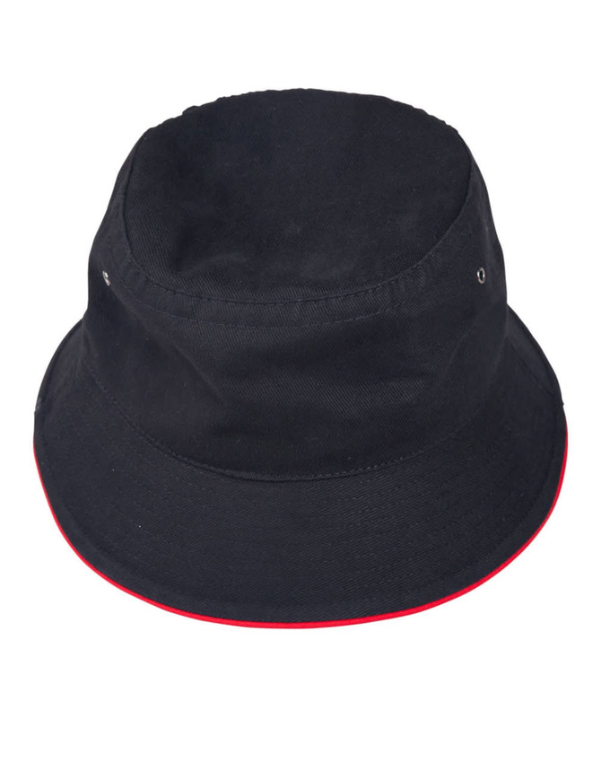 A black bucket hat with a red contrast trim, featuring eyelets and a logo.