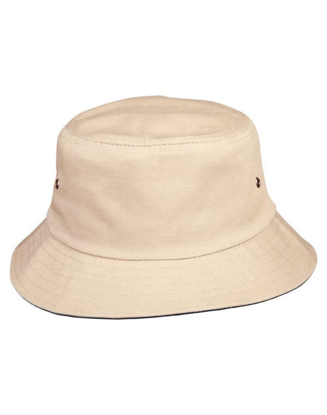 A beige bucket hat with a wide brim and ventilation holes, featuring a logo on the side.