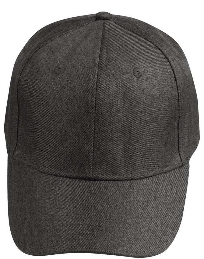 A dark heather grey cap with a smooth finish and a logo on the front. Features a classic design for headwear.