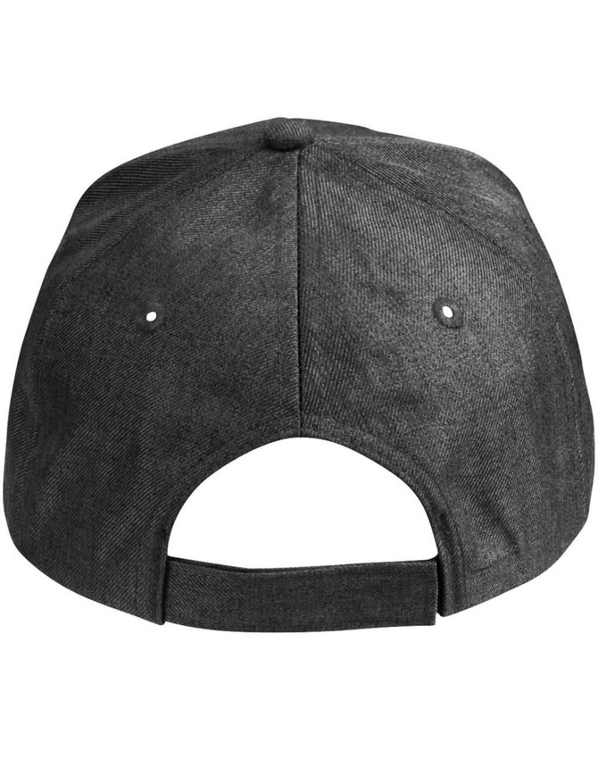 A black heather cap featuring a classic adjustable back and eyelets for ventilation. It has a branding logo.
