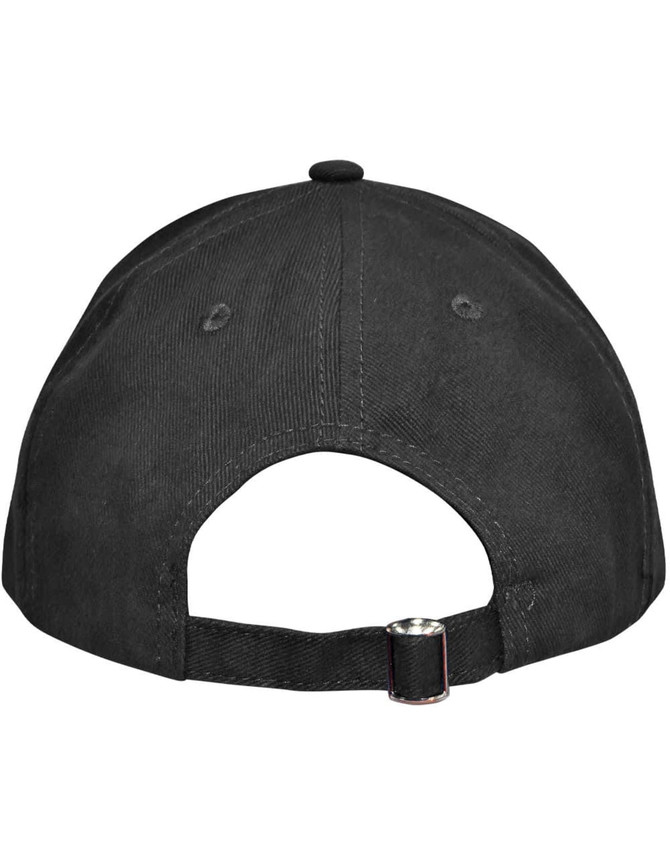 A dark brown cap featuring a buckle closure at the back and a logo.