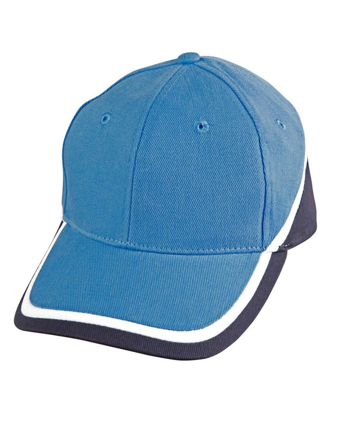 A cap featuring tri-colour design in blue, navy, and white with a logo on the front.