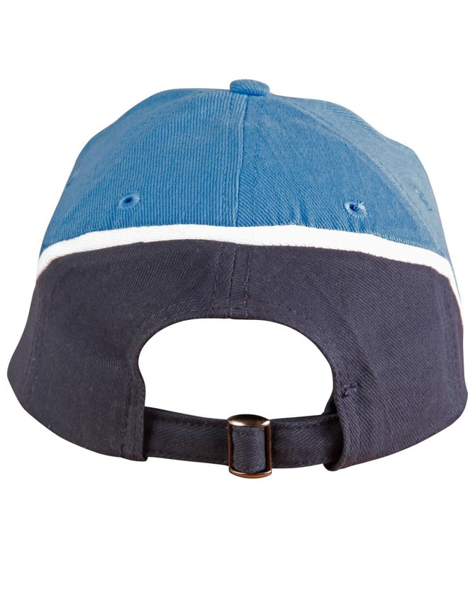 A cap featuring tri-colour design in blue, white, and navy, with an adjustable strap at the back and a logo.