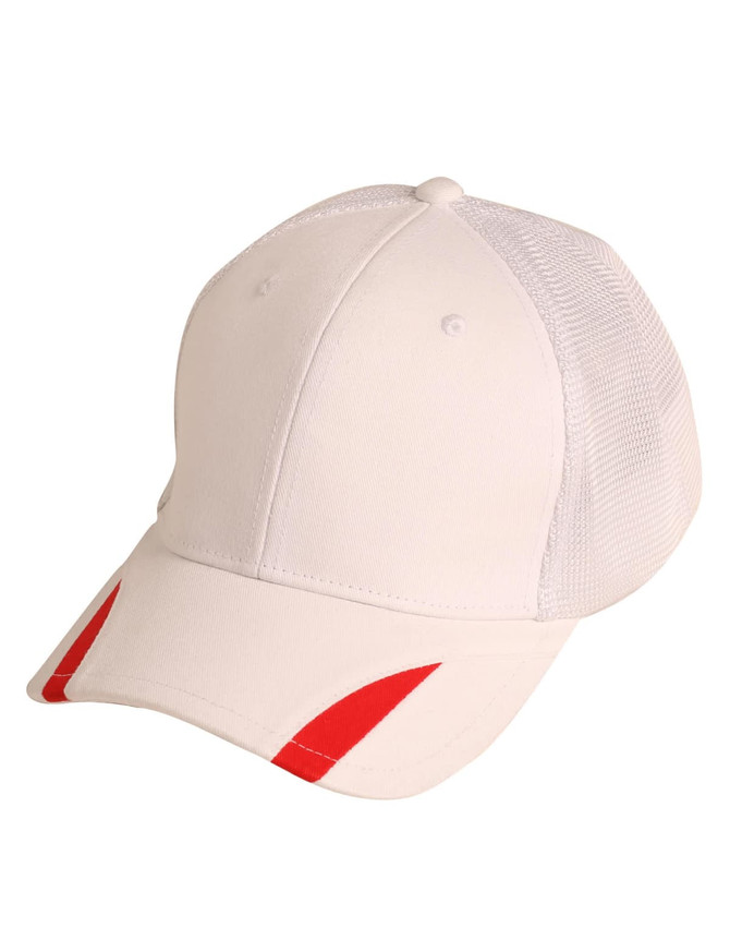 A white cap with contrasting red trim and a mesh back, featuring a logo on the front.
