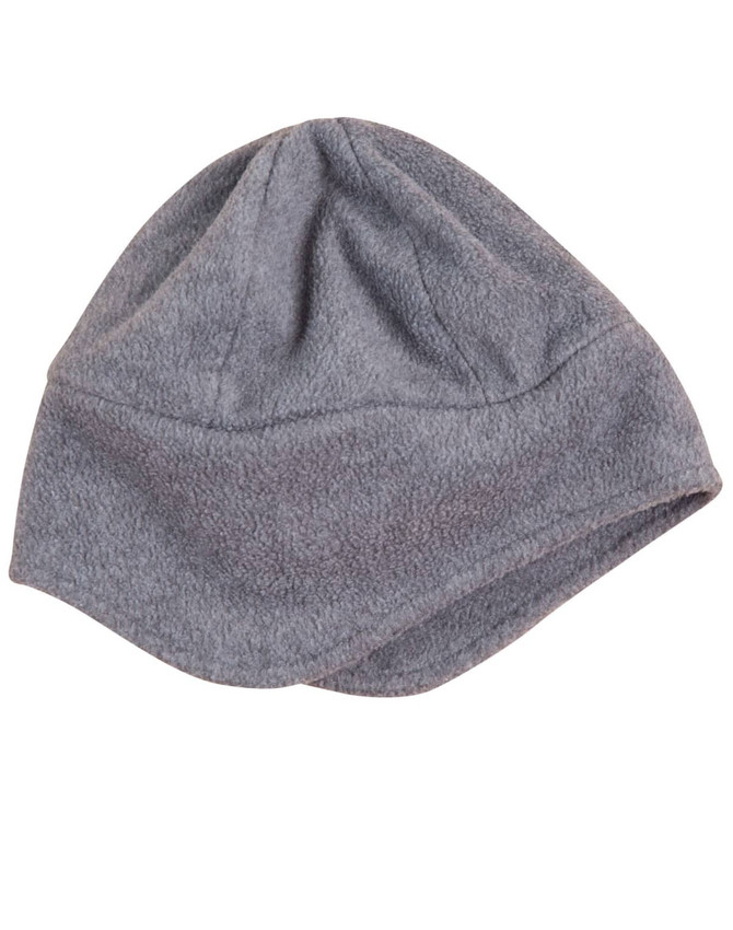 A grey polar fleece beanie with ear cover design, featuring a simple, unadorned style and no visible branding.