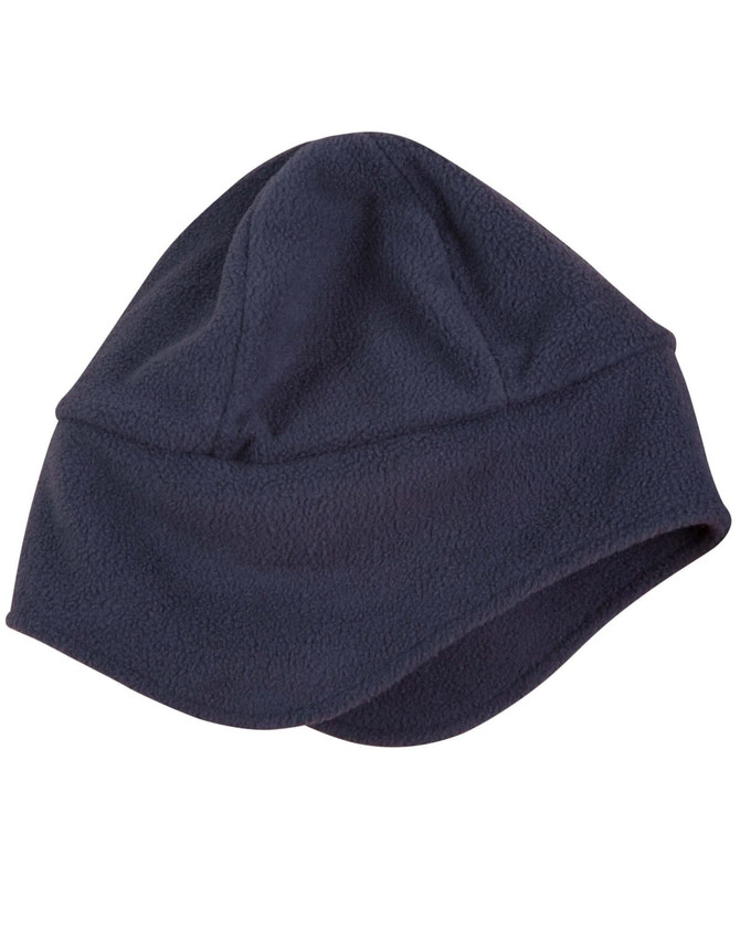 A navy blue polar beanie with ear covers, made from soft fleece material. It has a simple design and includes a logo.