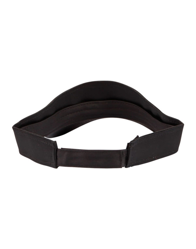 A black sandwich visor featuring a flexible band and a simple design. It includes a logo on the front.