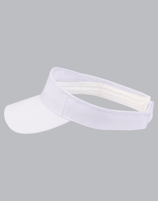 A white visor with a wide brim and a contrasting band. The design includes a logo.