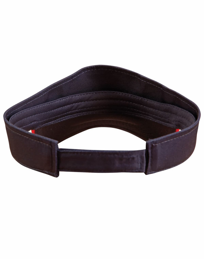 A black sandwich visor with a wide brim and adjustable strap at the back, featuring a logo.