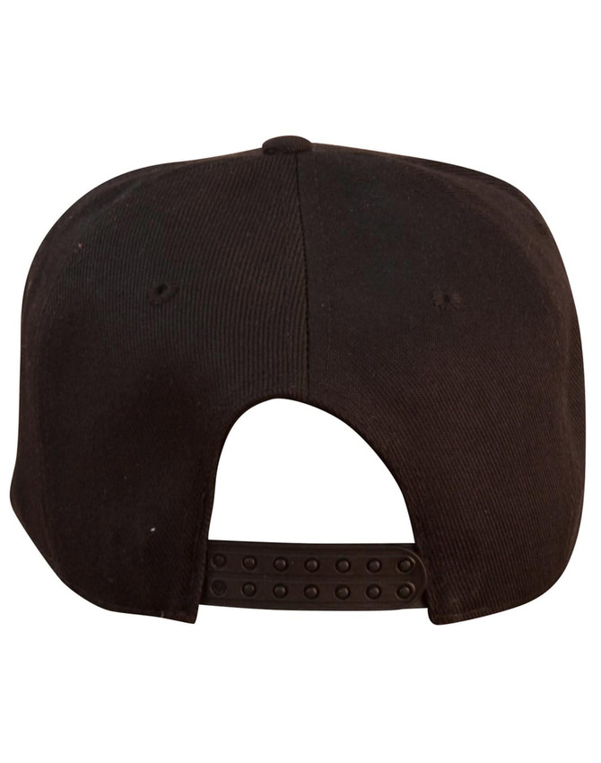 A black snapback cap featuring a textured fabric and an adjustable strap at the back.