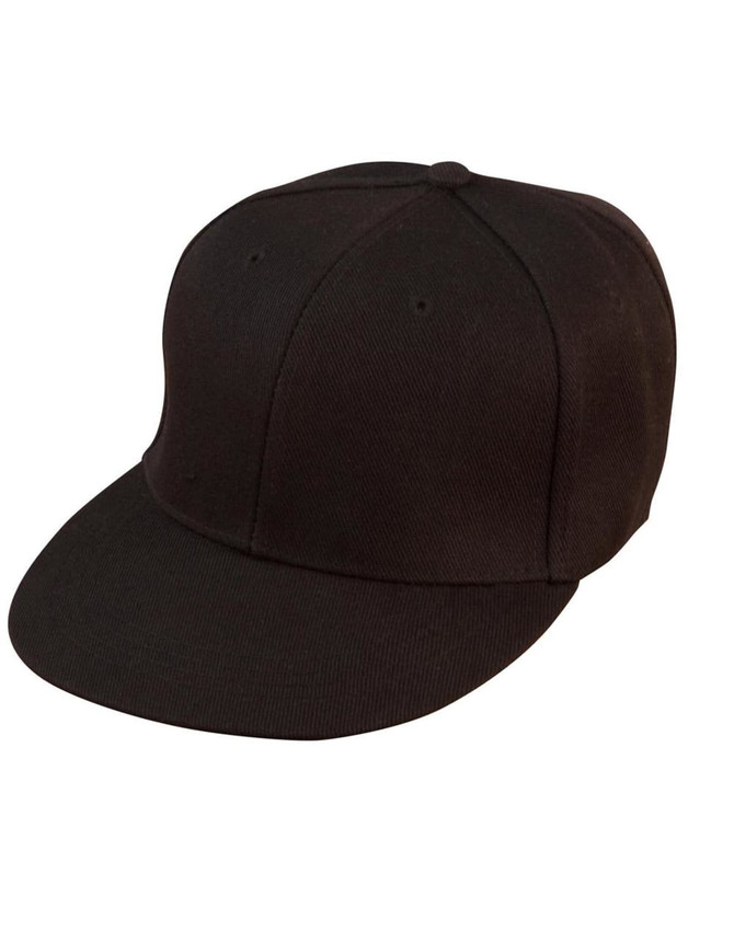 A black snapback cap with a structured design and a logo on the front.