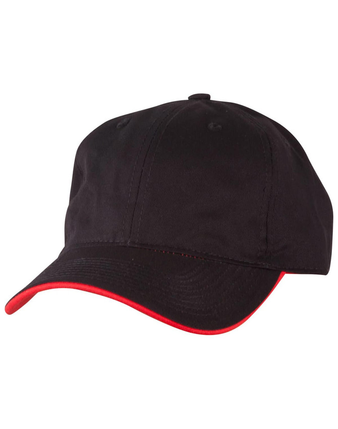 A black cap with a contrasting red trim and a logo on the front.