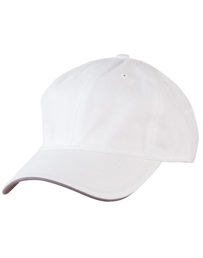 A white cap with a contrast colour brim and ventilation holes, featuring a logo on the side.