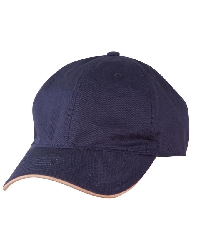 A navy cap with a contrasting beige peak and an embroidered logo on the front.