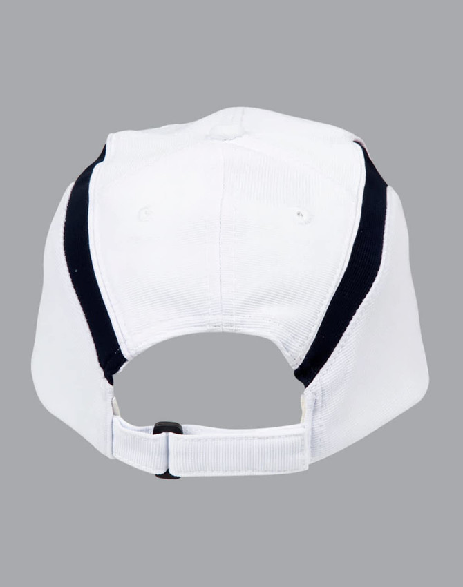 A white cap with navy accents at the back, featuring an adjustable strap and branding.