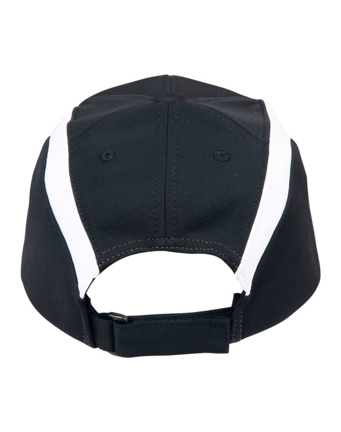 A black and white cap with a rear adjustable strap and logo branding.