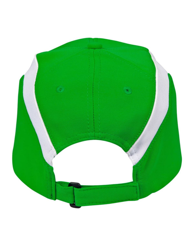 A green cap with white accents, featuring a fastening strap at the back and a logo.
