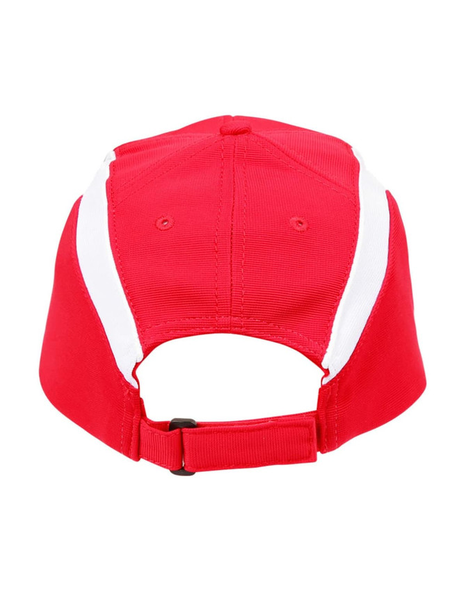A red cap with white panels and an adjustable strap at the back. It features a branding logo.